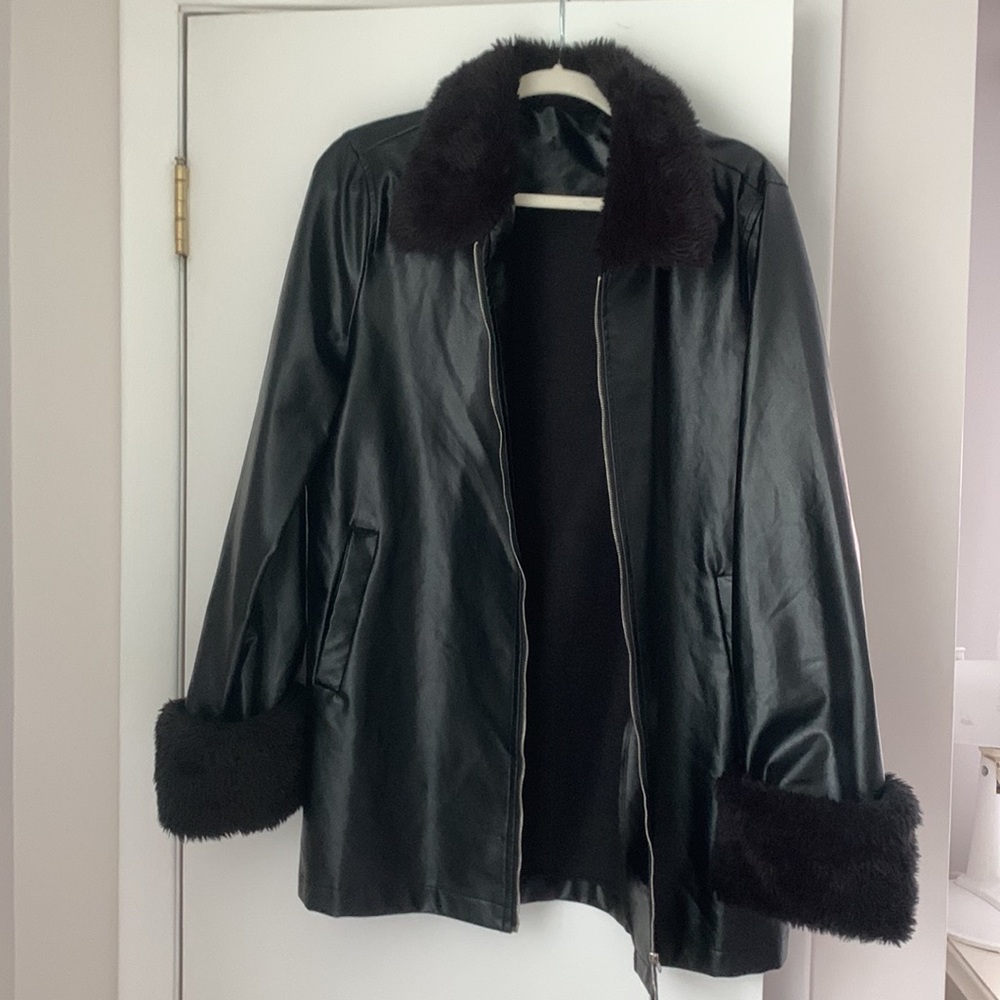 Oversized fur lined faux leather jacket, fits like a large, brand unknown
